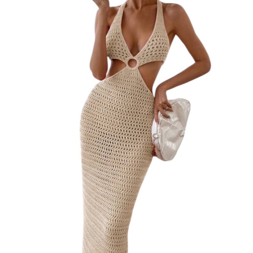 Resort,Vacation,Beach Tan crochet ring cut-out sweater dress,halter,tie,Large - Picture 2 of 8